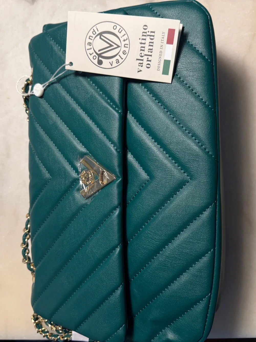 Valentino Orlandi Teal Quilted Chain Shoulder Bag with Gold Hardware